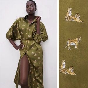 Zara Green Dress with Tiger Print
